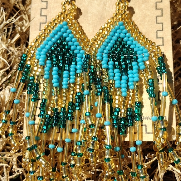 NEW !! Huge BEADED dangling Blue and Gold Beaded Earrings western fashion - Picture 3 of 3